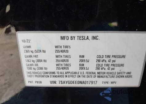 2022 Tesla Model Y Long Range Dual Motor All-Wheel Drive из США, поврежденный, VIN 7SAYGDEE0NA017917